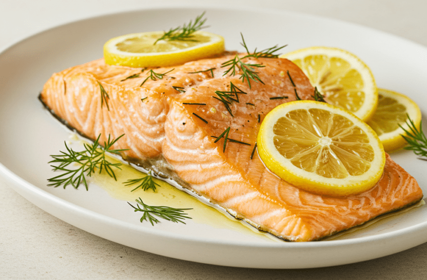 Pieczony łosoś z cytryną i koperkiem na białym talerzu