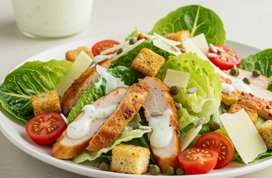 Profesjonalne zdjęcie sałatki Cezar z indykiem na białym talerzu, z widocznymi świeżymi składnikami i lekkim sosem.