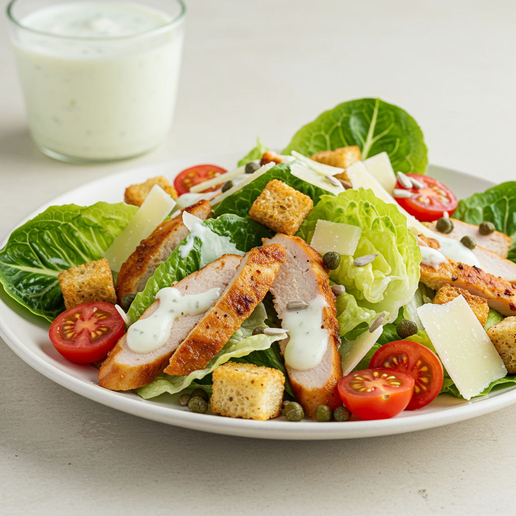 Profesjonalne zdjcie saatki Cezar z indykiem na biaym talerzu z widocznymi wieymi skadnikami i lekkim sosem