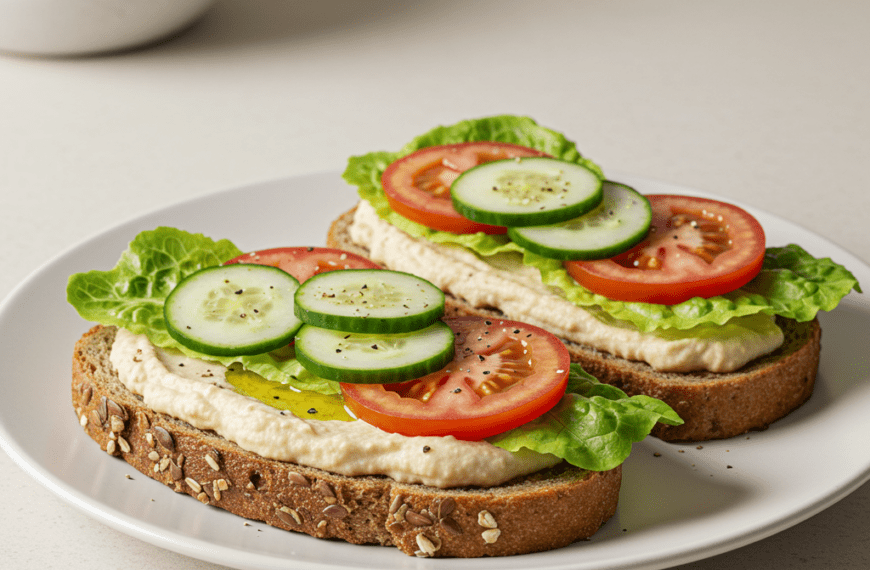 Profesjonalne zdjęcie kulinarne kanapek z hummusem i świeżymi warzywami na pełnoziarnistym chlebie.