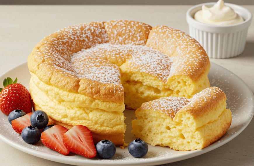 Puszysty omlet z cukrem pudrem, owocami i serkiem na białym talerzu.