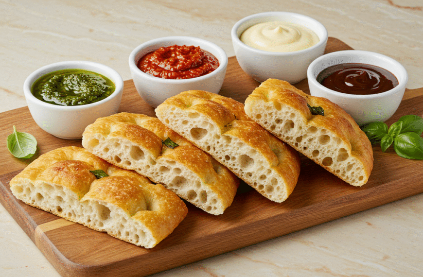 Profesjonalna fotografia kulinarna przedstawiająca świeżo upieczoną focaccię na rustykalnej drewnianej desce, podaną w towarzystwie małych białych miseczek z różnorodnymi sosami do maczania: pesto bazyliowym, sosem serowym, pikantną harissą oraz sosem czekoladowym. Focaccia ma złotą, chrupiącą skórkę i delikatnie wyeksponowaną strukturę, a całość jest oświetlona miękkim, naturalnym światłem. Dodatki to świeże liście bazylii oraz kropla oliwy z oliwek, a tło jest minimalistyczne i stonowane, co pozwala skupić się na apetycznej aranżacji potrawy.