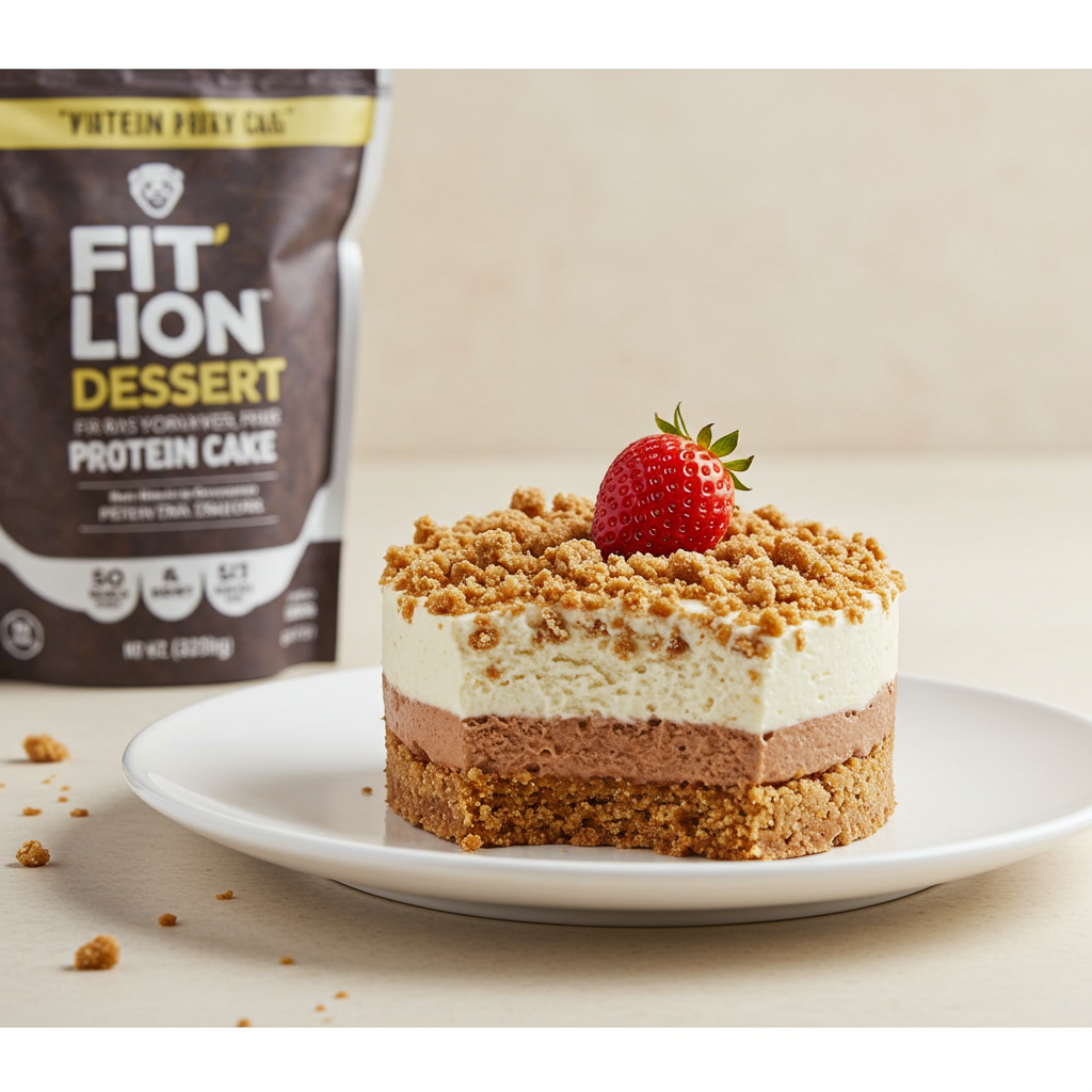 Profesjonalne zdjęcie deseru Fit Lion – proteinowe ciasto z warstwą kremu i pełnoziarnistym spodem.